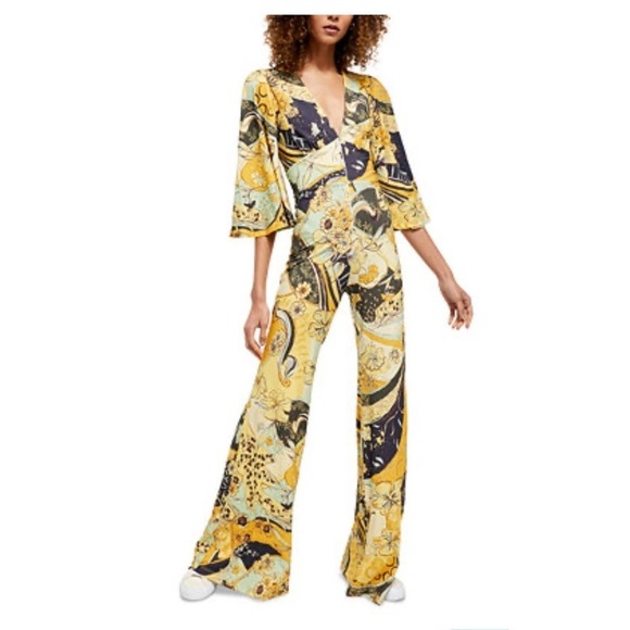 Free People Night Fever Jumpsuit Boho Flared Sleeve Wide Leg Gold NWOT Medium - Picture 3 of 7